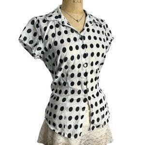 Style & Co Polka Dot Button Up Blouse White Black Retro Twee Cotton Top Size 10